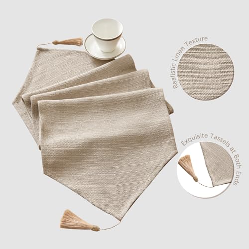 Beige 14x71 Inch Polyester Table Runner with Tassels, Water-Resistant & Wrinkle-Free