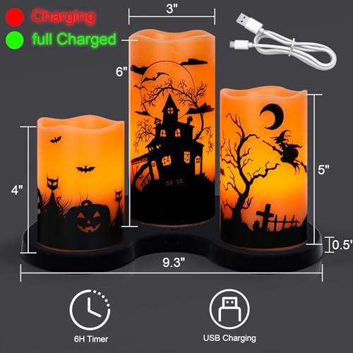 Orange Rechargeable Flameless Candle Set - Halloween Flickering LED with Timer