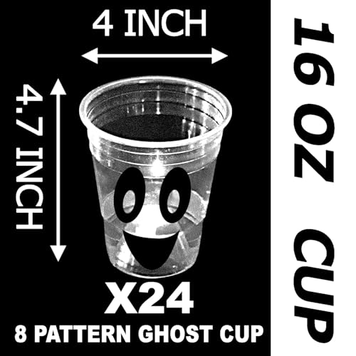 24 Pack Glow Halloween Ghost Cups - 16 oz Spooky Party Supplies - White Ghost Face Design