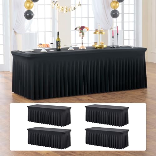 Black Spandex Fitted Rectangle Tablecloth 8ft - 4 Pack, Wrinkle-Free, Stretch Fit