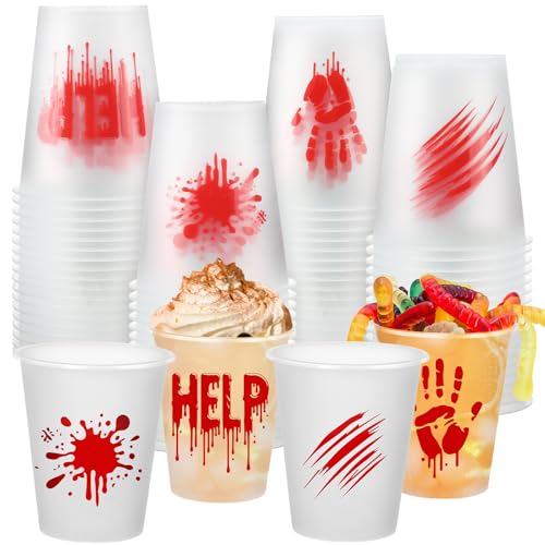 48 Pack Halloween Plastic Cups 12oz Blood Print Disposable Party Cups