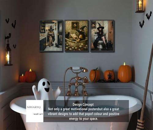Witch Bathroom Wall Art Poster Set - Gothic Black Cat & Witch Reading in Bathtub, 24x16 Inches, Dark Academia Decor, Halloween & Gothic Home Decor Variation of THIS listing