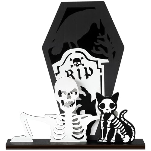 Halloween Indoor Wooden Black Cat Skeleton Centerpiece - Home Table Decor