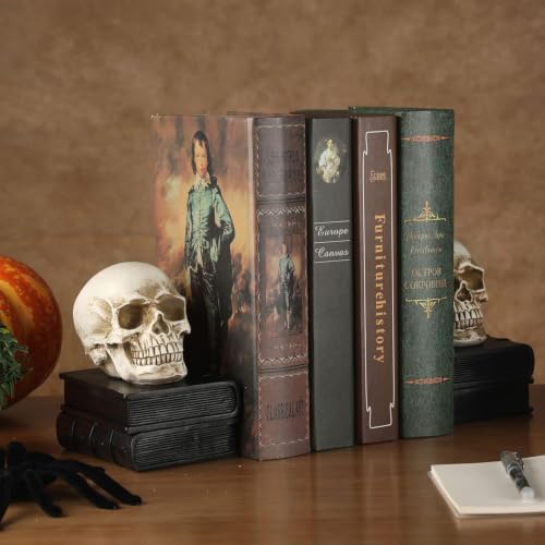Heavy Gothic Skull Bookends Set of 2 - Black Resin Book Supports for Halloween & Decor