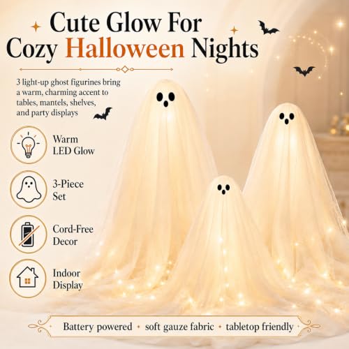 Halloween Ghost Decorations Indoor 3 Pack with Warm White Lights - Witch Hat Lamp & Candlesticks