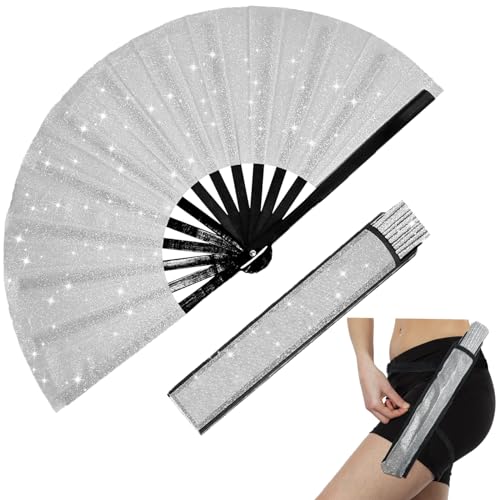 Silver Folding Glitter Rave Fan with Leg Strap & Case for Festivals and Parties