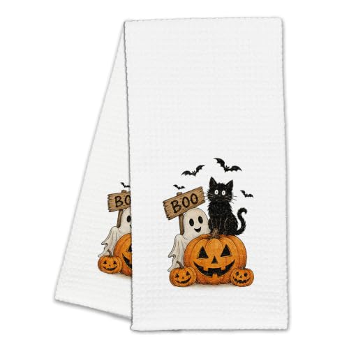 Halloween Kitchen Dish Towel Black Cat Pumpkin Ghost Waffle Weave Hand Towel - A23
