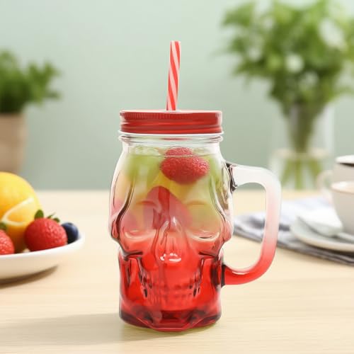 Skull Mason Jar with Handle - 16 Oz Glass Beer Mug Halloween Drinkware - Red / 1