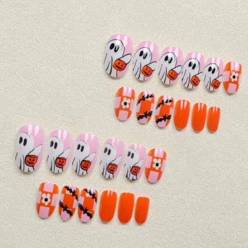 Halloween Press On Nails Short Almond Fake Nails 24 Pcs with Ghost Pumpkin Bat Flower Design - Nails-240