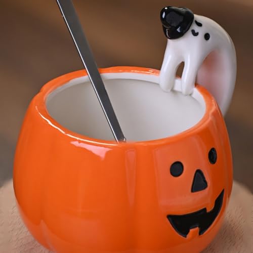 Halloween Pumpkin Mug Ceramic Cup with Ghost Handle 10oz Orange Fall Decor