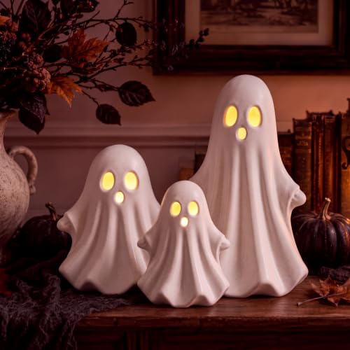 White Halloween Ghost Figurines Set of 3 - Terracotta Decor for Spooky Seasonal Display