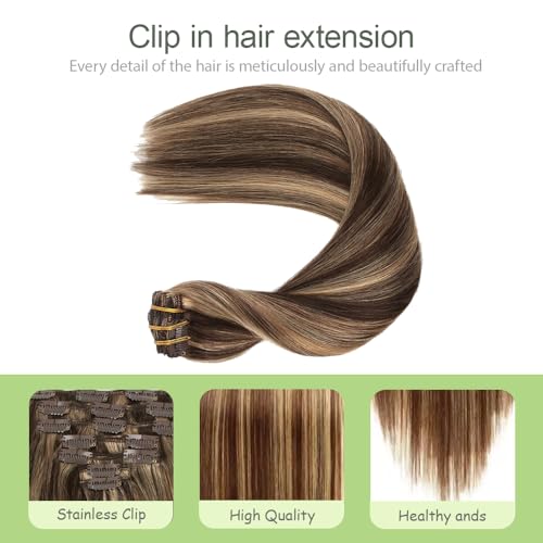 16 Inch P4/27 Blonde Clip in Hair Extensions - Real Remy Human Hair, 120g 7pcs, Highlight Blonde Human Hair Extensions Clip ins for Women
