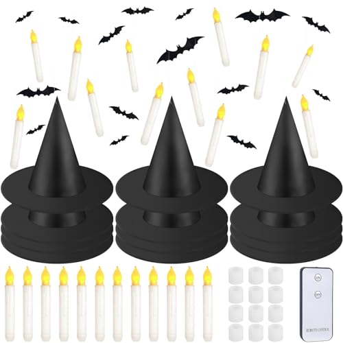 Halloween Hanging Witch Hats & Floating Taper Candles Set - Spooky Decor