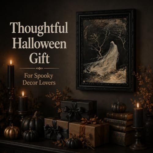 Ghost Wall Art Canvas - Framed Halloween Ghost Scene, 11x9 Inches - Dark Gothic Decor