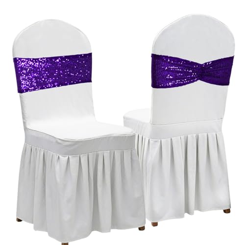 14x6 Purple Sequin Chair Sashes - Pack of 100 Folding Bow Covers for Weddings and Parties
