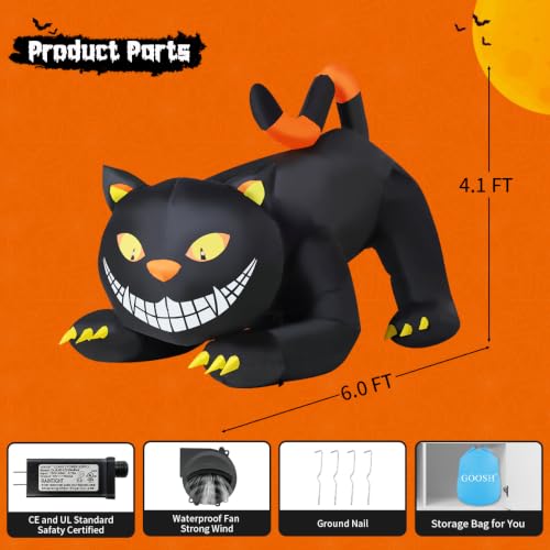 Outdoor Black Cat Inflatable Halloween Decoration with LED Lights, 6 FT