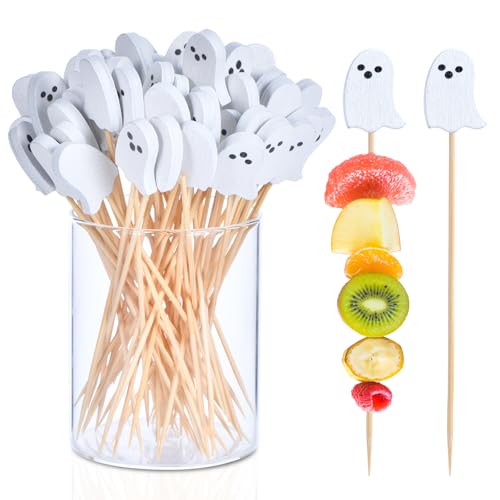 Halloween Ghost Cocktail Picks - 100 Natural Bamboo Toothpicks for Appetizers & Decorations
