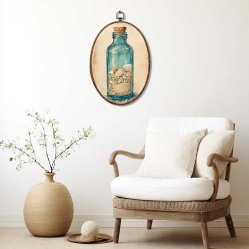 Bottle Shell Ocean Coastal Wall Art - Rustic Oval Canvas Decor, 8.3x12in - Variation of THIS listing