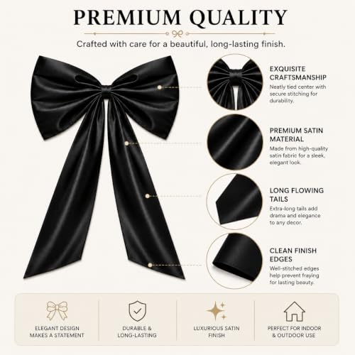 Large Black Satin Bow Wall Decor - 20x35 Inch Pre-Tied Ribbon for Gothic & Party Backdrops