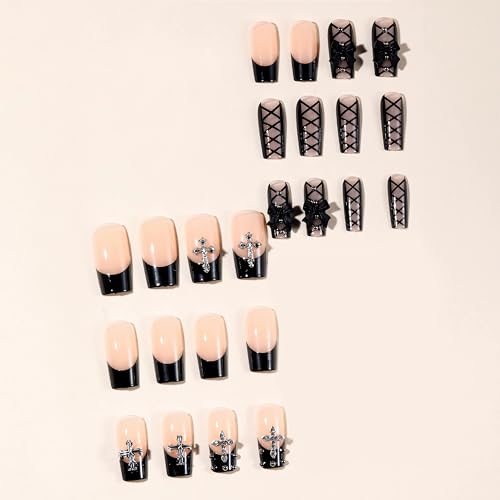 MISUD Long Square Press On Nails with Goth Black Cross Bow Design - 24 pcs - Variation 05917-01Black