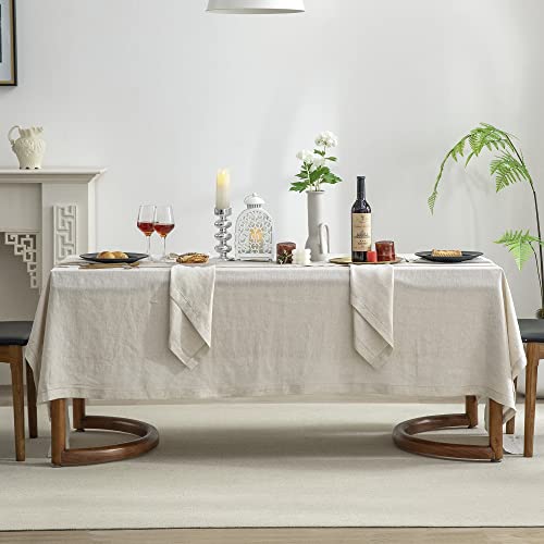 Everly Hemstitched Linen Tablecloth 60x108 Inches - Natural French Flax, Machine Washable, Formal Dining & Holiday Use