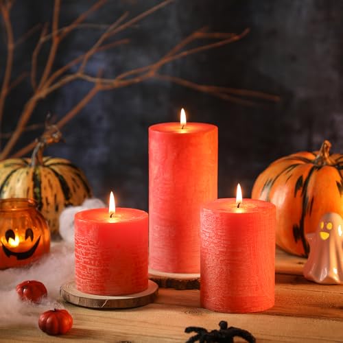 Fall Candles Set of 3 - 3x4 Inch Orange Pillar Candles for Autumn Decor