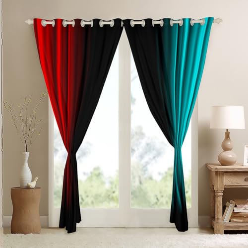 Feelyou Ombre Geometric Window Curtains for Kids Teens Women - Red Teal, 42W x 63L, Pack of 2