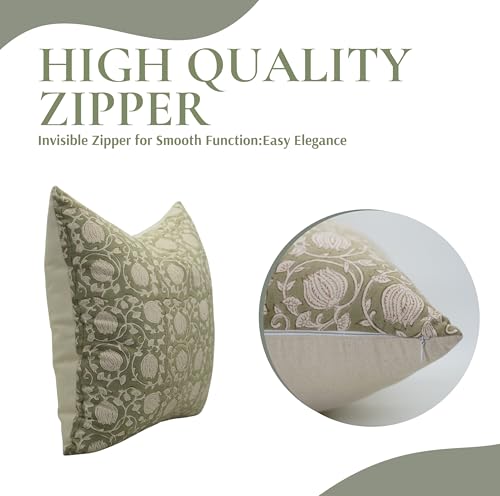 Light Green Handmade Block Print Cotton Throw Pillow Cover 14x20 Inches with Invisible Zipper - Farmhouse Decor
