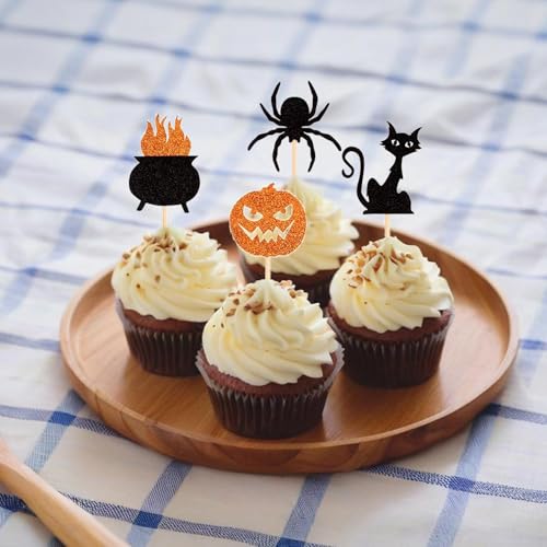 Halloween Cupcake Toppers 24PCS Ghost Pumpkin Cat Witch Cap Spider - Colorful