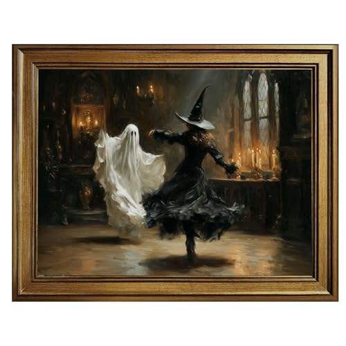 Vintage Halloween Wall Art Canvas Print Ghost and Witch with Gold Frame - 8x10 Inch Style-2