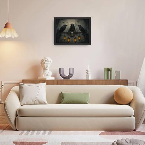 Crow Wall Art Canvas - Gothic Crow Framed Artwork for Living Room & Bedroom - 16x12 Inches