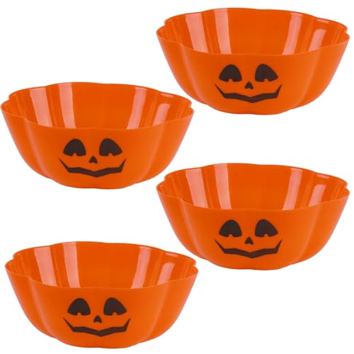 Large Halloween Candy Bowls Set of 4 - Reusable Plastic Pumpkin Trick or Treat Bowls, 11.6 Inch Orange