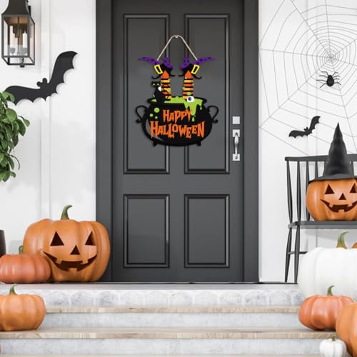 Halloween Witch Door Sign Wooden Wreath for Front Door Decoration