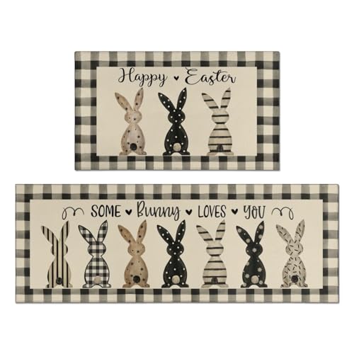 Easter Bunny Kitchen Rugs Set of 2 - Black & White Checkered Spring Decor