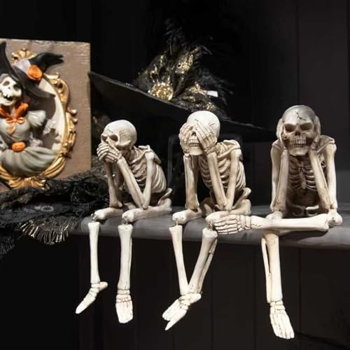 Halloween Skeleton Statues Set of 3 - See Hear Speak No Evil Skull Decor