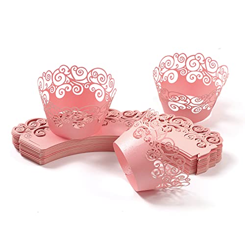 Pink Cupcake Wrappers 50 Pack Lace Filigree Baking Cups for Wedding Party Birthday - Variation of Pink
