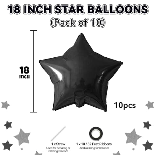 Black Star Balloons - Metallic Foil Balloons for Graduation, Halloween, Party Decorations - Metal Black Variation