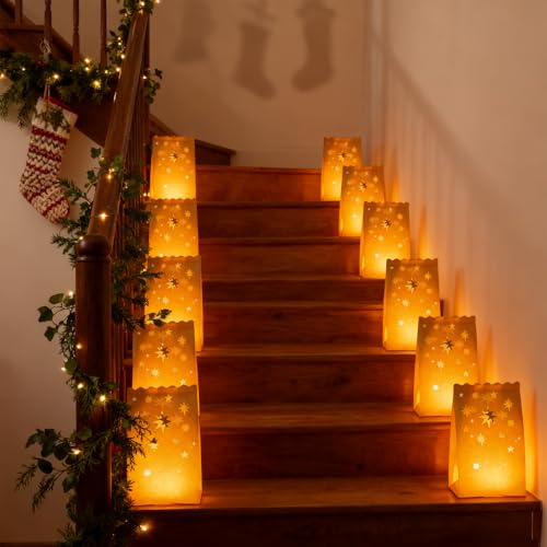 60 Pack White Fire-Resistant Luminary Bags with Star Pattern for Holidays & Events
