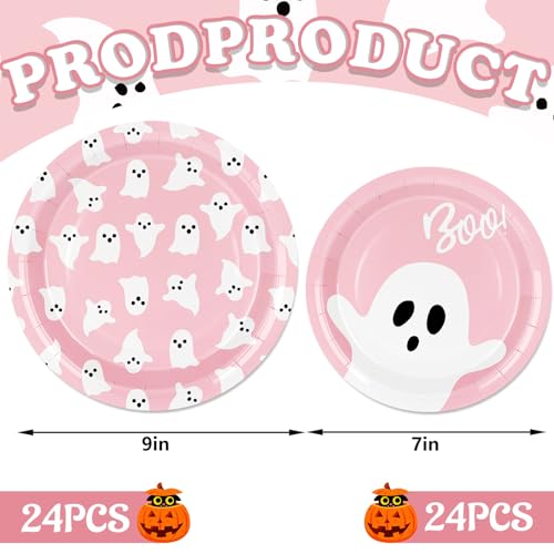 Pink Ghost Halloween Paper Plates 48pcs Disposable Party Dinnerware 7 & 9 Inch