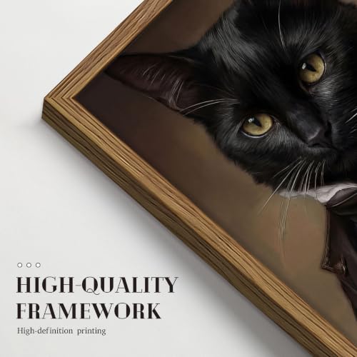 Black Cat Wall Art Canvas - Framed Gothic Bathroom Decor, 16x12 Inch, Halloween & Dark Academia Gift