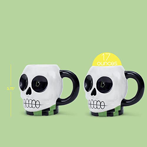 Halloween Skull Coffee Mug Set - 17oz Glossy Ceramic Cups - Pack of 2 - Spooky White Character