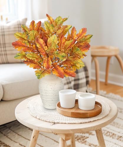 Artificial Fall Oak Leaf Branches - 5 Pcs Autumn Decor Stems in Orange - 18 Inches