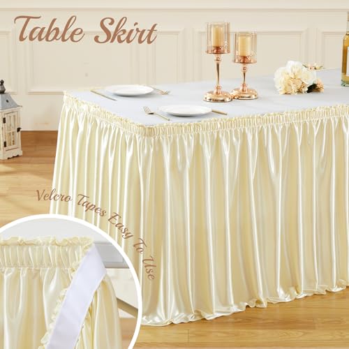 14ft Champagne Satin Table Skirt for Rectangular Tables - Wrinkle-Resistant Ruffle Party Decor