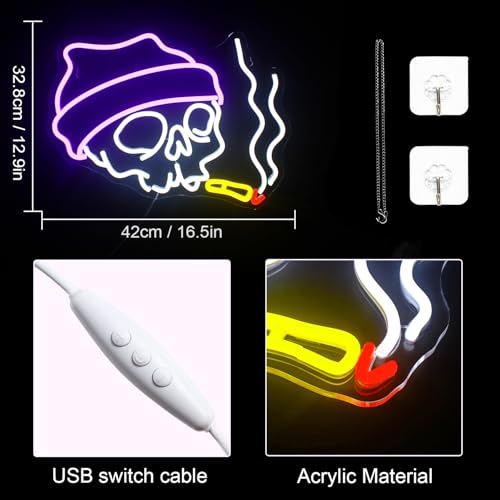 LED Skull Neon Sign B-Skull Halloween Wall Decor with Adjustable Brightness