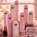 Halloween Wooden Ghost Figurines Set - Freestanding 8 Pcs, White & Pink, Rustic Farmhouse Decor