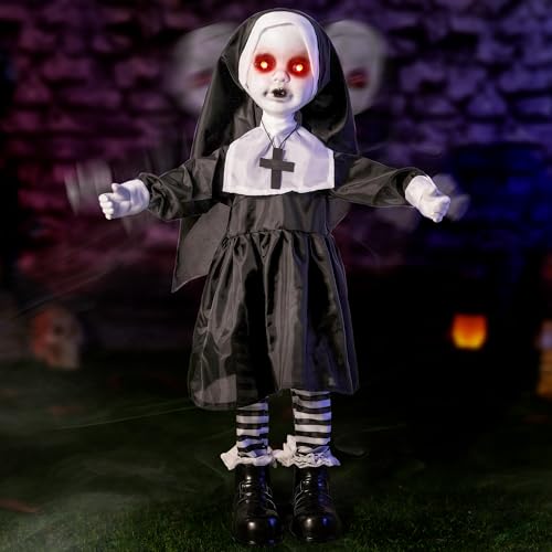 Scary Halloween Animatronic Nun Doll with Light-Up Red Eyes, Sound & Lunging Motion, Indoor & Outdoor Decor