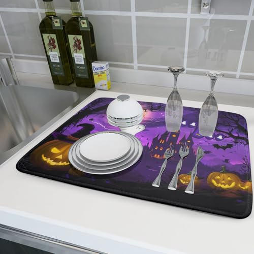 Halloween 18x24 Inch Pumpkin Lantern Ghost Bat Castle Microfiber Dish Drying Mat
