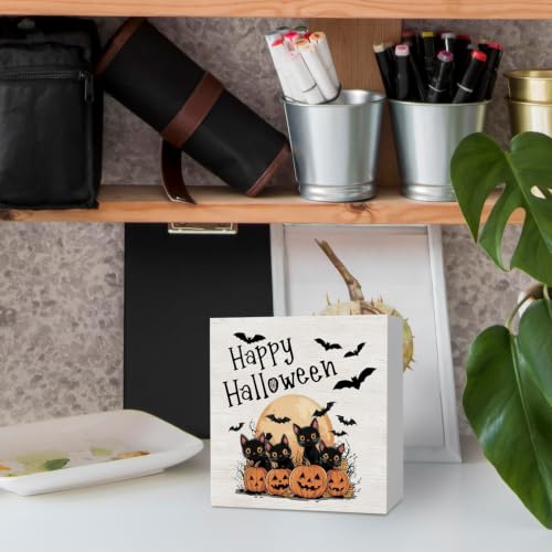 Happy Halloween Cat Pumpkin Wooden Sign - Fall Desk Decor, 5x5 Inch, Happy Cat Variation