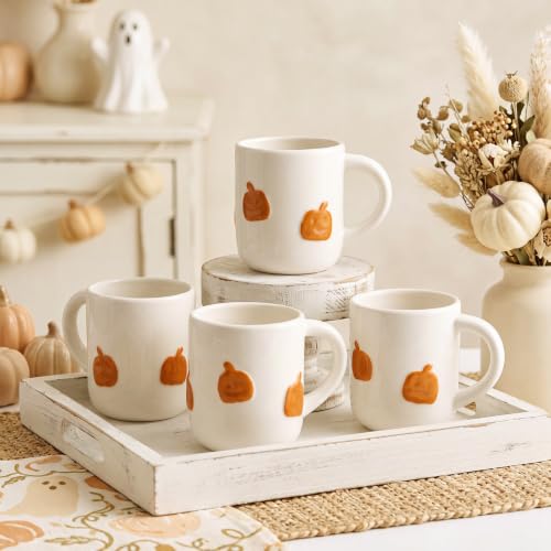Halloween Pumpkin Mug Set of 4 - 16oz Ceramic Coffee Cups, Festive Jack-o'-Lantern Design