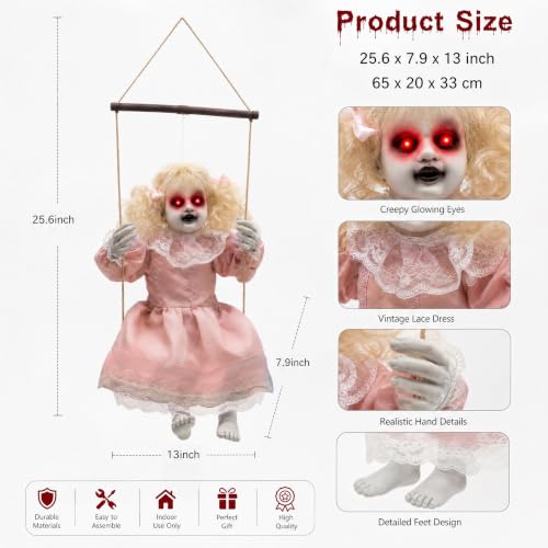 Halloween Animatronic Hanging Girl Decor - Lighted Eyes, Creepy Sounds, Indoor & Outdoor